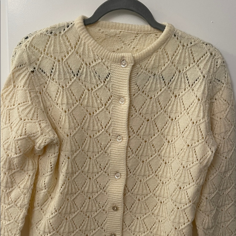 Vintage GrannyCore Cream Openwork Knit Button-Up Sweater Cardigan - Picture 2 of 10